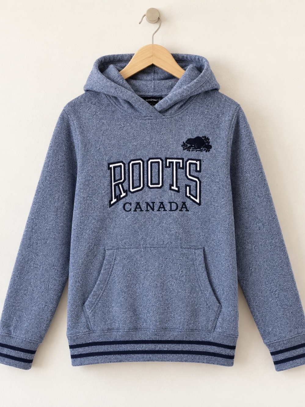 Roots Canada Heather Blue Pullover Hoodie Youth Medium 7/8 Excellent Condition